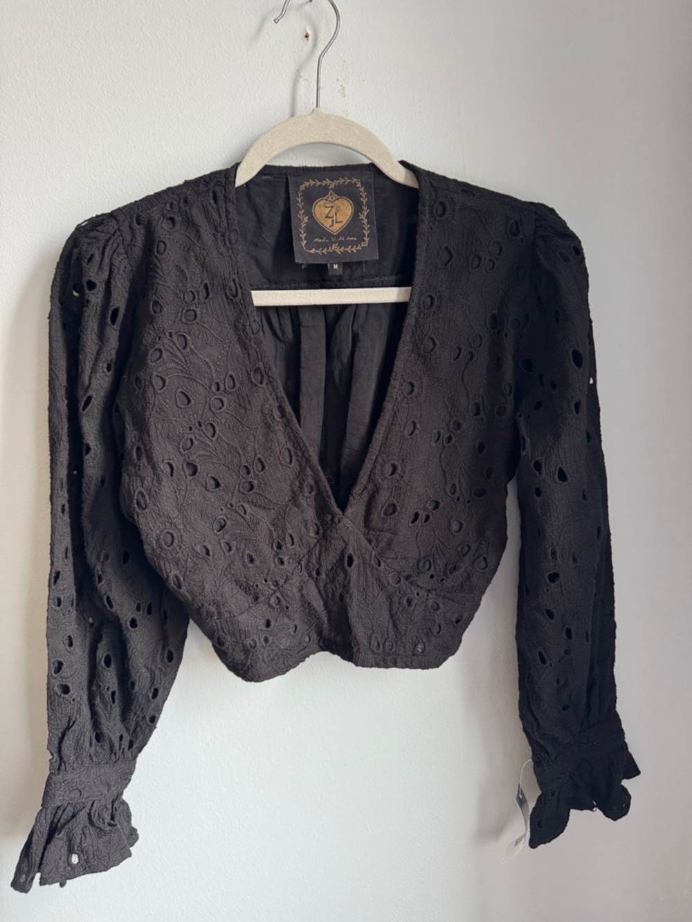 Z&L Black Eyelet Wrap-Style Crop Blouse